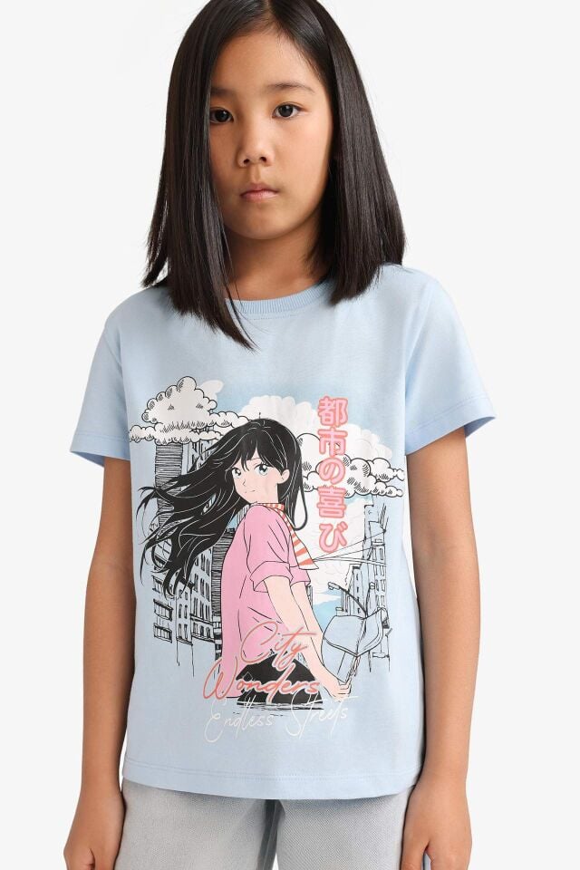 Kız Çocuk Bisiklet Yaka Anime Baskılı Kısa Kollu Tişört