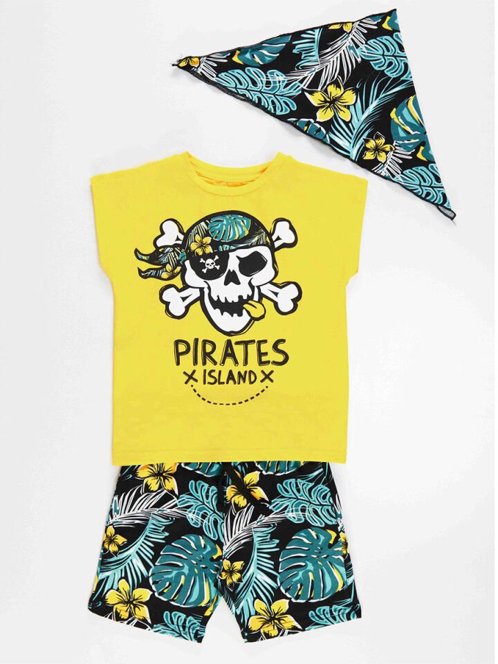 Hawaii Erkek Çocuk T-shirt Şort Bandana Takım 6 Y - Sarı, Siyah, Yeşil