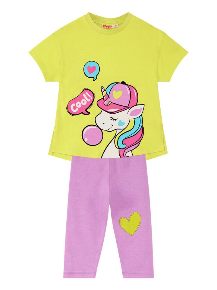 Cool Unicorn Kız Çocuk T-shirt Lila Tayt Takım 6 Y - Sarı, Pembe