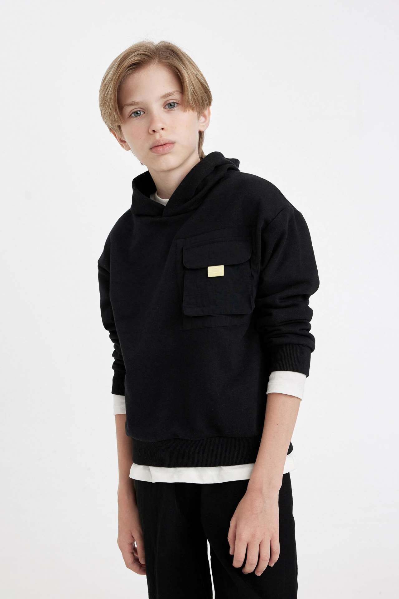 Erkek Çocuk Siyah Oversize Geniş Kalıp Kapüşonlu Cepli Okul Sweatshirt