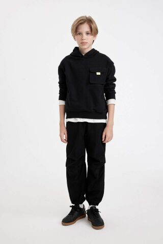 Erkek Çocuk Siyah Oversize Geniş Kalıp Kapüşonlu Cepli Okul Sweatshirt