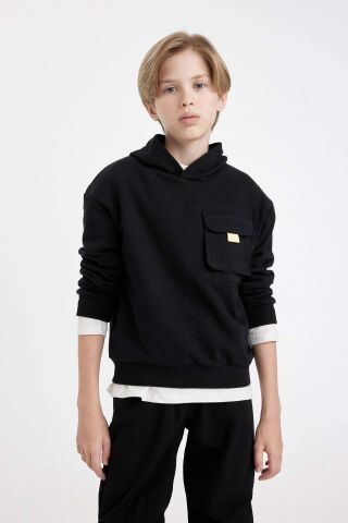 Erkek Çocuk Siyah Oversize Geniş Kalıp Kapüşonlu Cepli Okul Sweatshirt