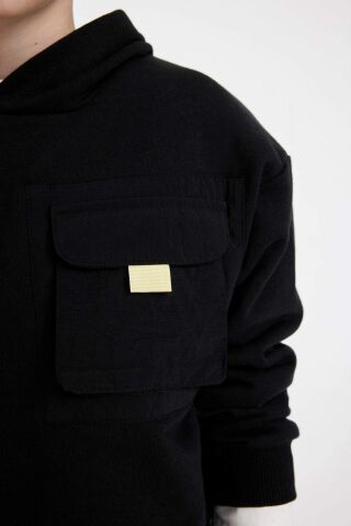 Erkek Çocuk Siyah Oversize Geniş Kalıp Kapüşonlu Cepli Okul Sweatshirt