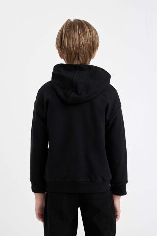 Erkek Çocuk Siyah Oversize Geniş Kalıp Kapüşonlu Cepli Okul Sweatshirt