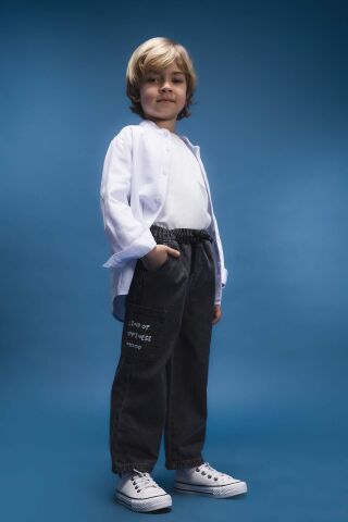Erkek Bebek Beli Lastikli Cepli Baskılı Jean Pantolon