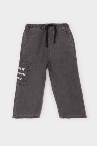 Erkek Bebek Beli Lastikli Cepli Baskılı Jean Pantolon %100 Pamuk