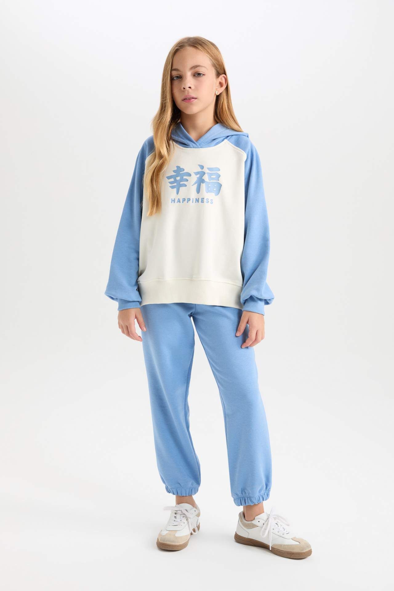 Kız Çocuk 2'li Takım Kapüşonlu Baskılı Sweatshirt Beli Lastikli Eşofman Altı