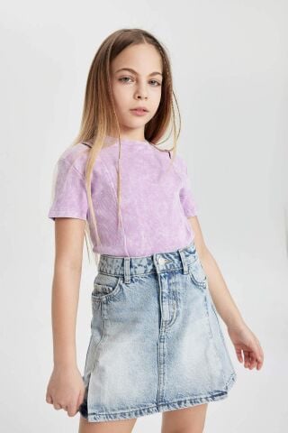 Kız Çocuk Slim Fit Dar Kesim Bisiklet Yaka Fitilli Kaşkorse Kısa Kollu Tişört