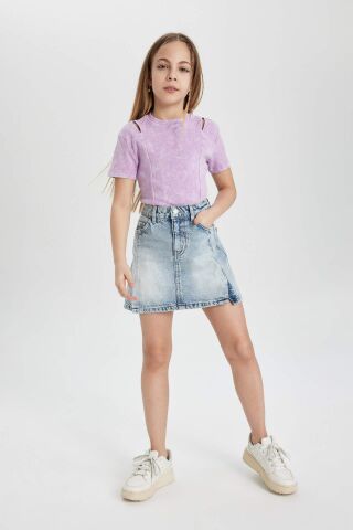 Kız Çocuk Slim Fit Dar Kesim Bisiklet Yaka Fitilli Kaşkorse Kısa Kollu Tişört