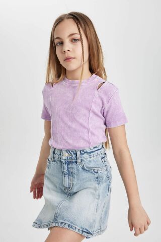 Kız Çocuk Slim Fit Dar Kesim Bisiklet Yaka Fitilli Kaşkorse Kısa Kollu Tişört