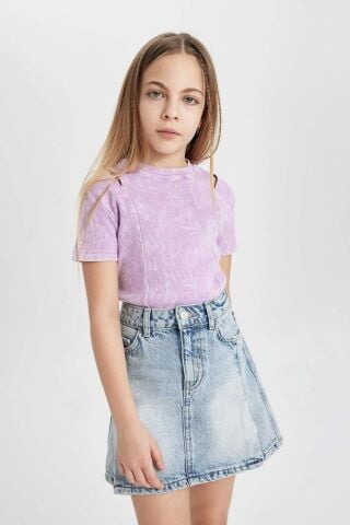 Kız Çocuk Slim Fit Dar Kesim Bisiklet Yaka Fitilli Kaşkorse Kısa Kollu Tişört