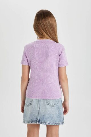 Kız Çocuk Slim Fit Dar Kesim Bisiklet Yaka Fitilli Kaşkorse Kısa Kollu Tişört