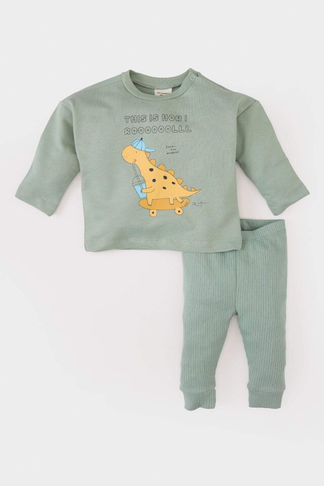 Erkek Bebek 2'li Takım Dinazor Baskılı Uzun Kollu Tişört Beli Lastikli Alt