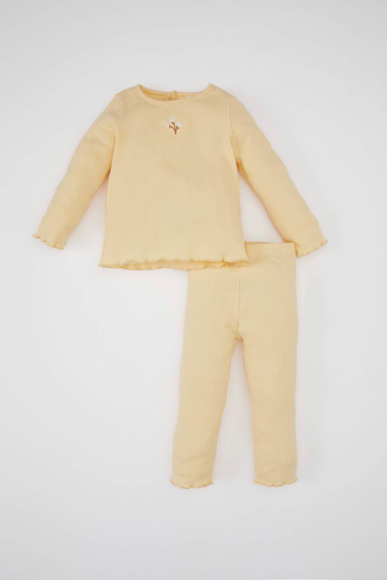 Kız Bebek 2'li Takım Çiçekli Fitilli Kaşkorse Uzun Kollu Tişört Üst Beli Lastikli Alt