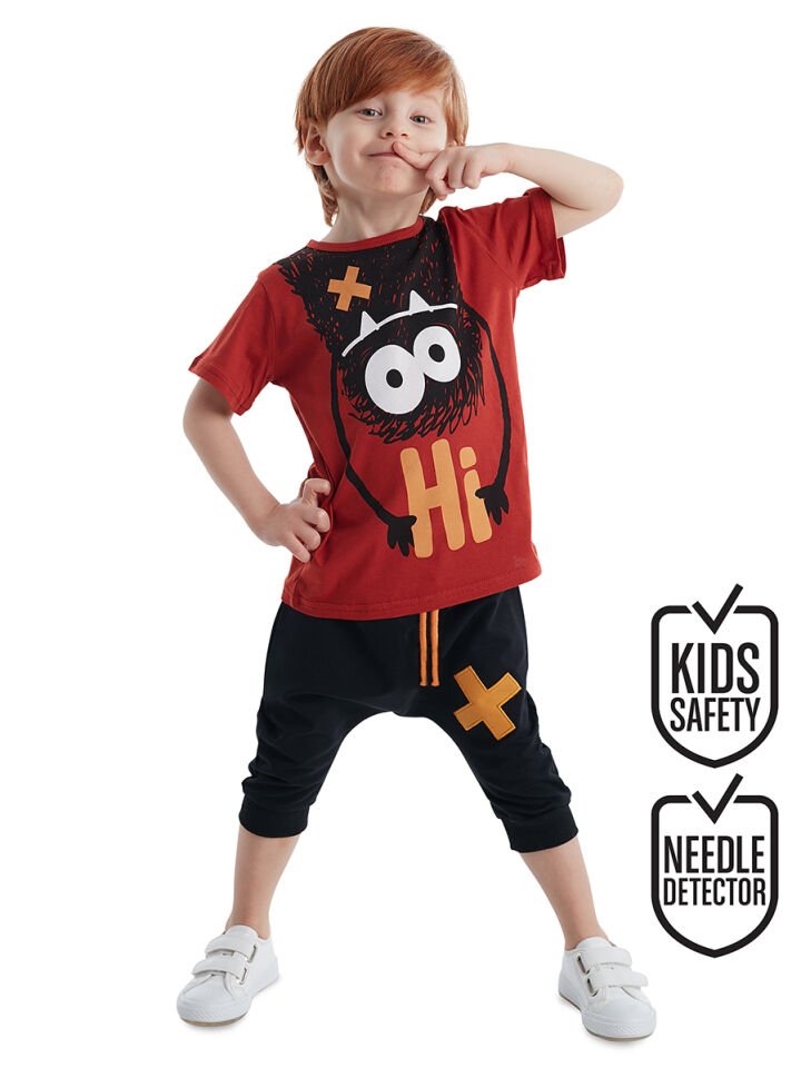 Hi Ponçik Erkek Çocuk T-shirt Şort Takım 3 Y - Turuncu siyah