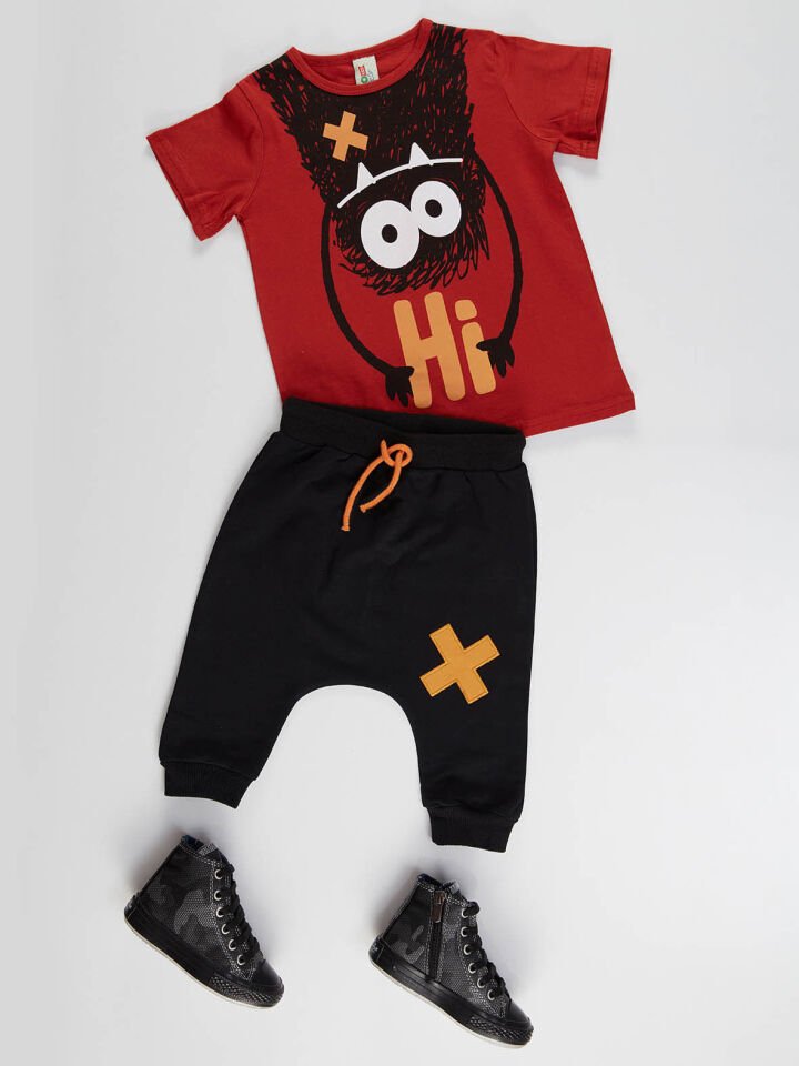Hi Ponçik Erkek Çocuk T-shirt Şort Takım 4 Y - Turuncu siyah