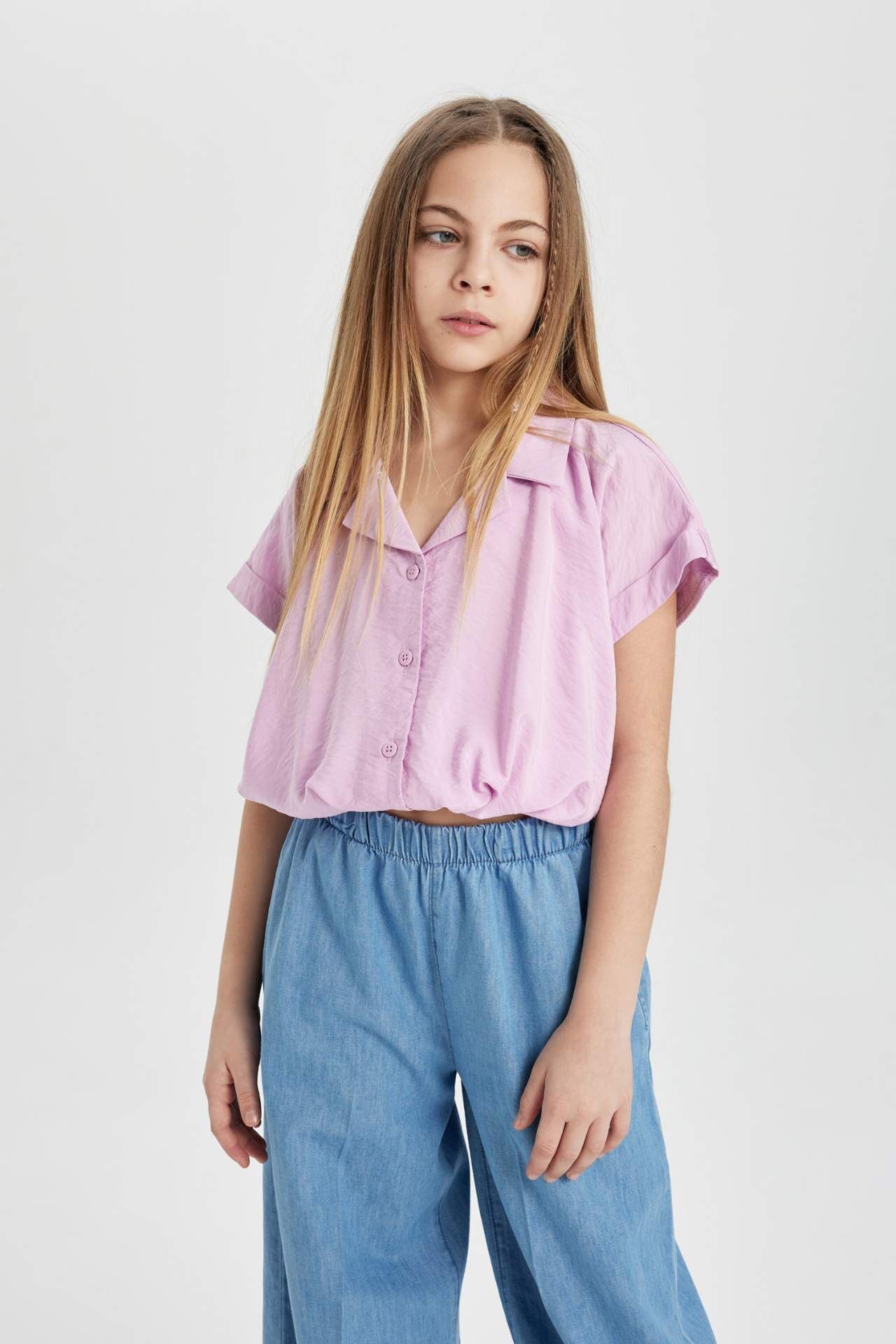 Kız Çocuk Cropped Fit Kısa Kollu Gömlek