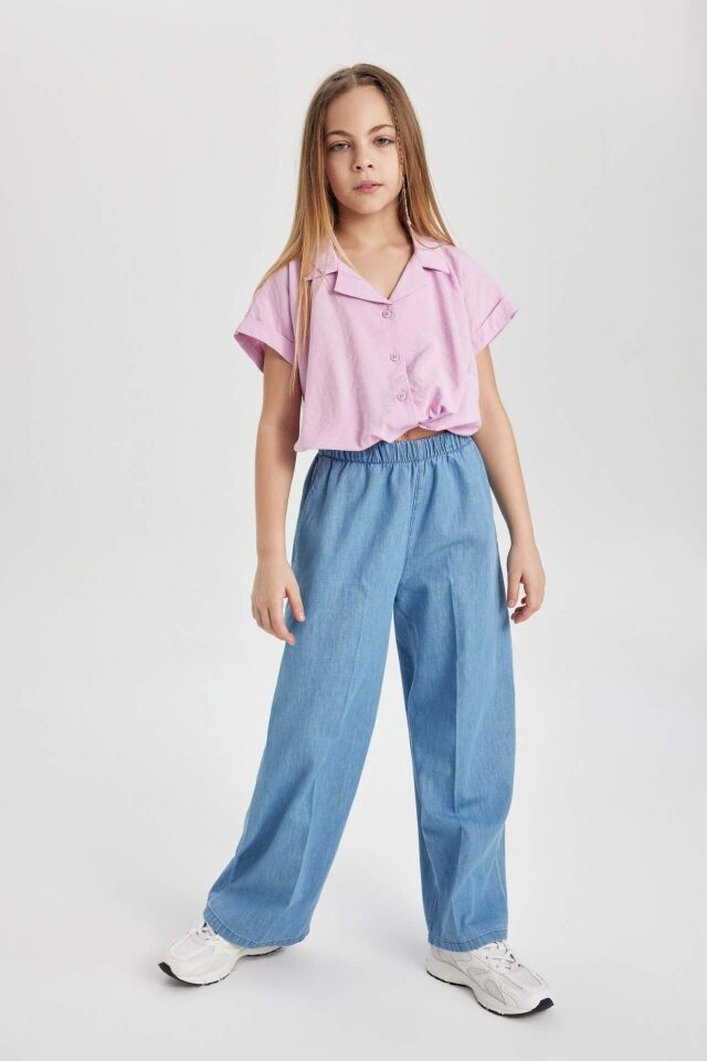 Kız Çocuk Cropped Fit Kısa Kollu Gömlek