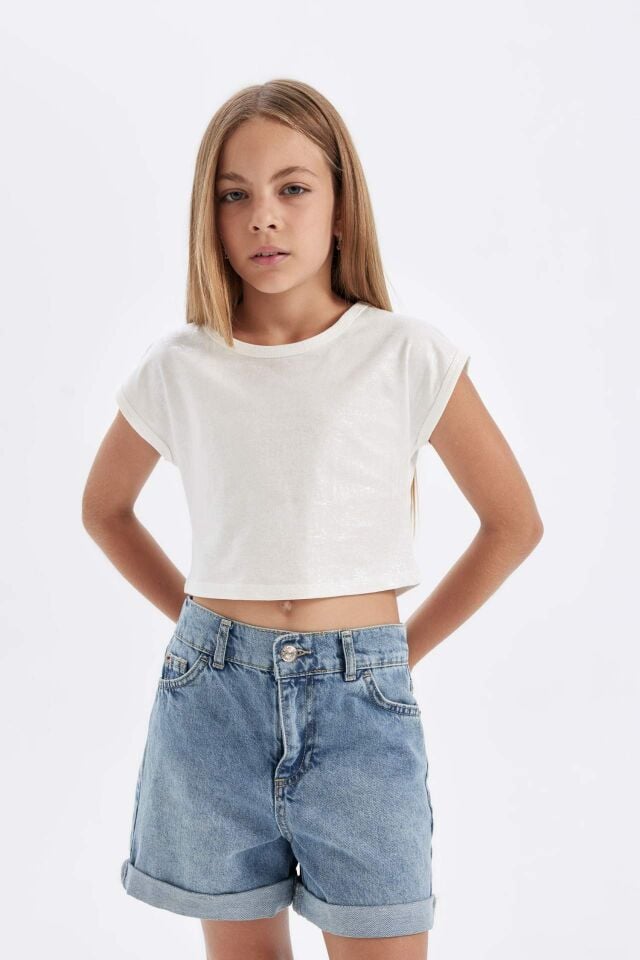 Kız Çocuk Slim Fit Dar Kesim Bisiklet Yaka Fitilli Kaşkorse Kısa Kollu Tişört