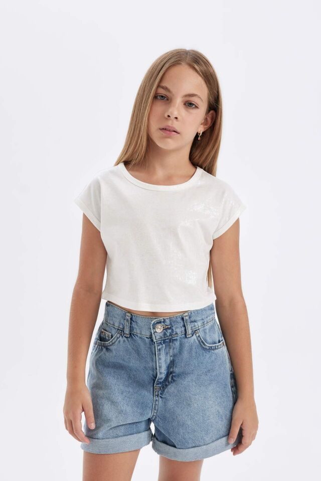 Kız Çocuk Slim Fit Dar Kesim Bisiklet Yaka Fitilli Kaşkorse Kısa Kollu Tişört