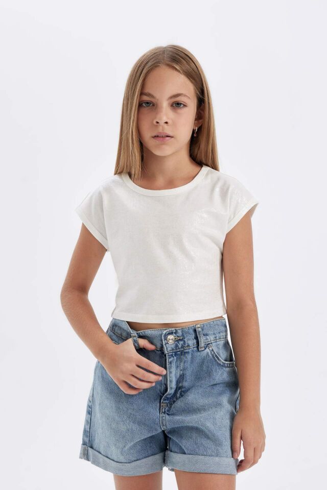Kız Çocuk Slim Fit Dar Kesim Bisiklet Yaka Fitilli Kaşkorse Kısa Kollu Tişört