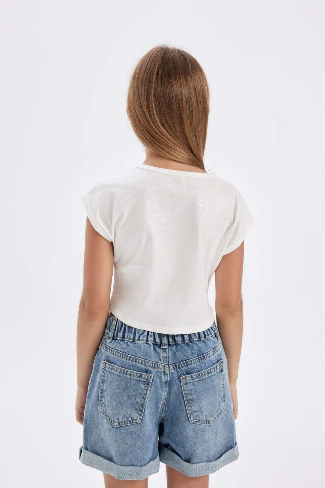 Kız Çocuk Slim Fit Dar Kesim Bisiklet Yaka Fitilli Kaşkorse Kısa Kollu Tişört