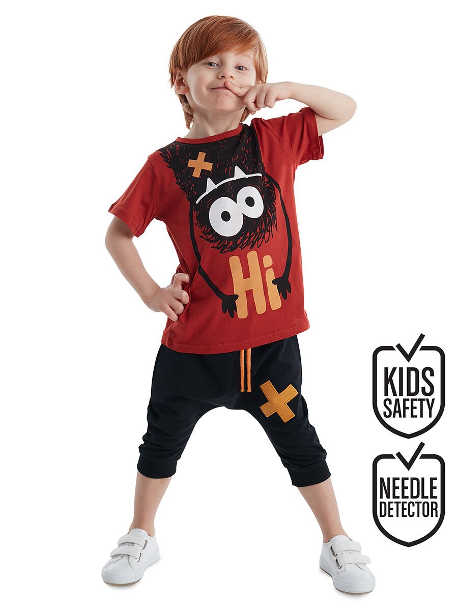 Hi Ponçik Erkek Çocuk T-shirt Şort Takım 7 Y - Turuncu siyah