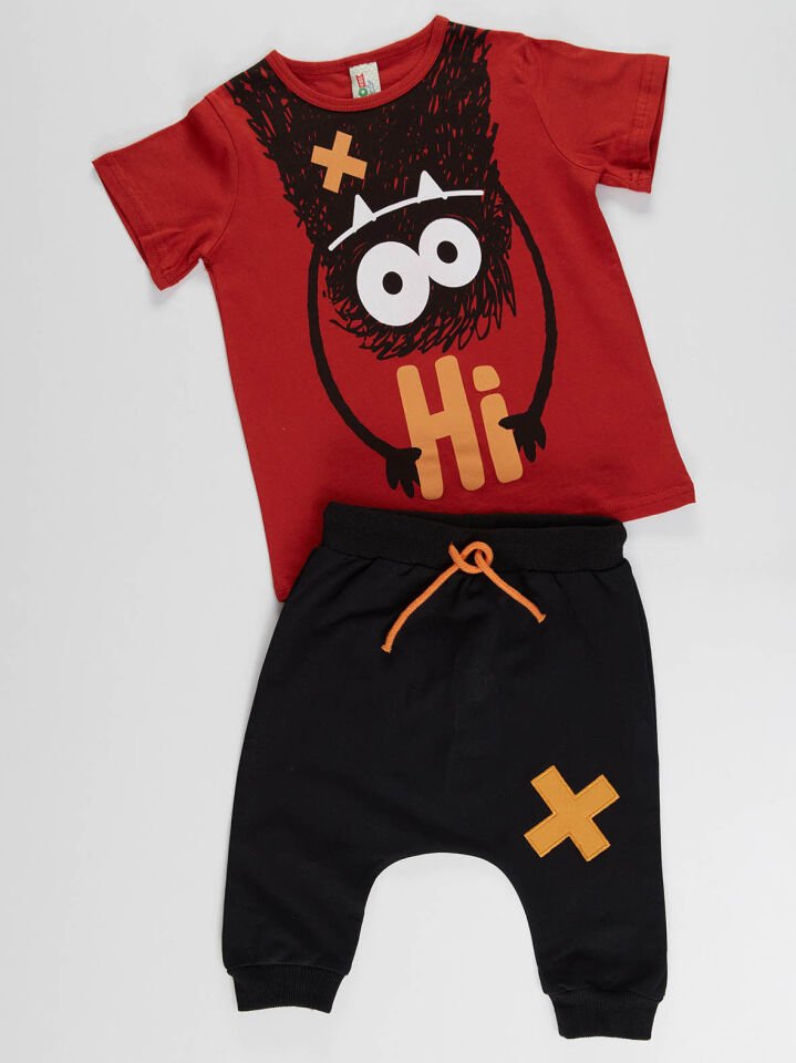 Hi Ponçik Erkek Çocuk T-shirt Şort Takım 7 Y - Turuncu siyah