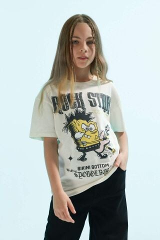 Kız Çocuk SpongeBob Oversize Geniş Kalıp Bisiklet Yaka Kısa Kollu Tişört