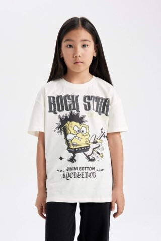 Kız Çocuk SpongeBob Oversize Geniş Kalıp Bisiklet Yaka Kısa Kollu Tişört