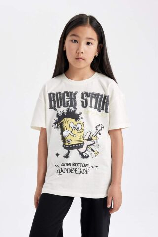 Kız Çocuk SpongeBob Oversize Geniş Kalıp Bisiklet Yaka Kısa Kollu Tişört