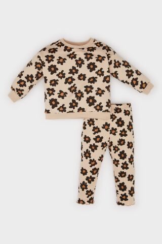 Kız Bebek 2'li Takım Çiçekli Bisiklet Yaka Sweatshirt Beli Lastikli Alt