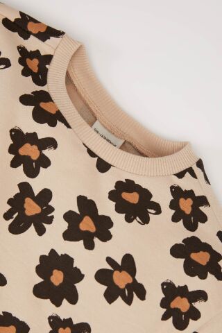 Kız Bebek 2'li Takım Çiçekli Bisiklet Yaka Sweatshirt Beli Lastikli Alt