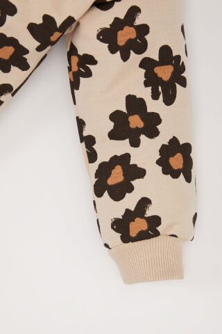 Kız Bebek 2'li Takım Çiçekli Bisiklet Yaka Sweatshirt Beli Lastikli Alt