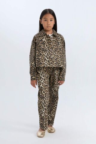 Kız Çocuk Leopar Desenli 90's Wide Leg Düz Paça Gabardin Pantolon