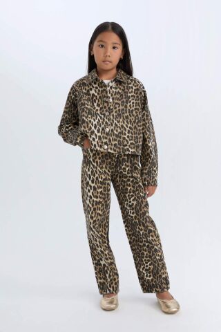 Kız Çocuk Leopar Desenli 90's Wide Leg Düz Paça Gabardin Pantolon