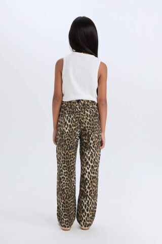 Kız Çocuk Leopar Desenli 90's Wide Leg Düz Paça Gabardin Pantolon
