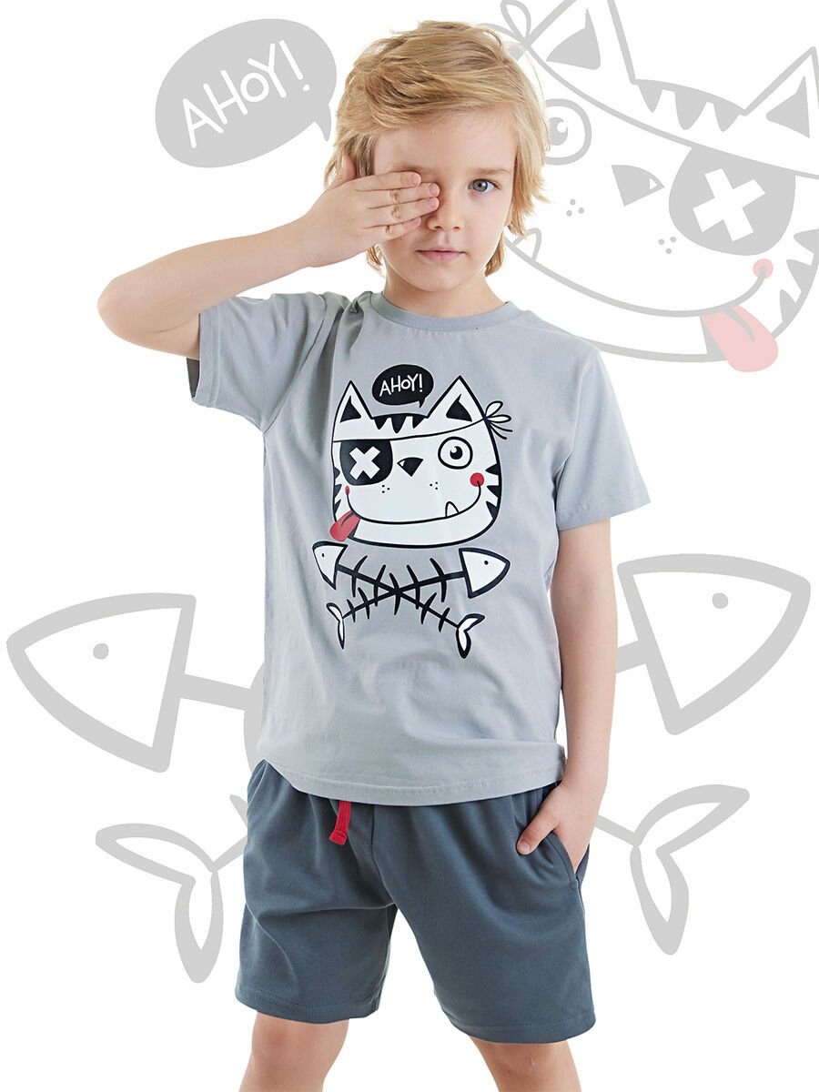 Ahoy Kedi Erkek Çocuk T-shirt Şort Takım 2 Y - Gri