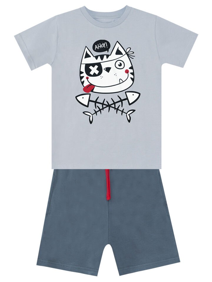 Ahoy Kedi Erkek Çocuk T-shirt Şort Takım 2 Y - Gri