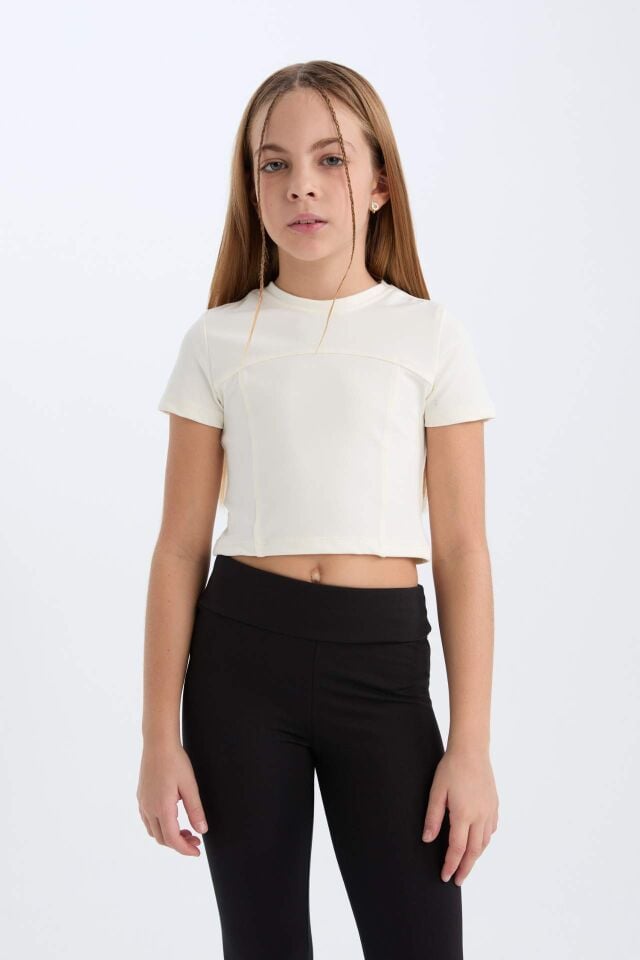 Kız Çocuk Slim Fit Dar Kesim Bisiklet Yaka Kısa Kollu Tişört