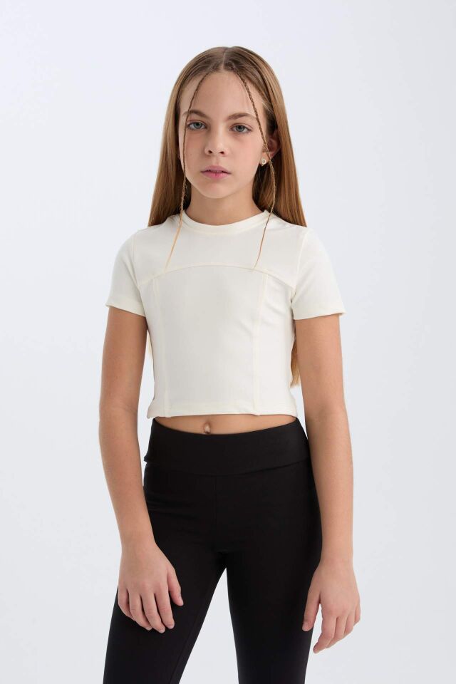 Kız Çocuk Slim Fit Dar Kesim Bisiklet Yaka Kısa Kollu Tişört