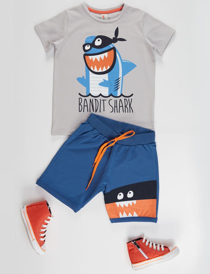 Bandit Shark Erkek Çocuk T-shirt Şort Takım 2 Y - Gri Lacivert