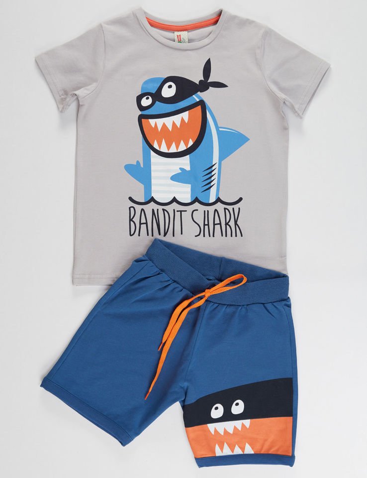 Bandit Shark Erkek Çocuk T-shirt Şort Takım 2 Y - Gri Lacivert