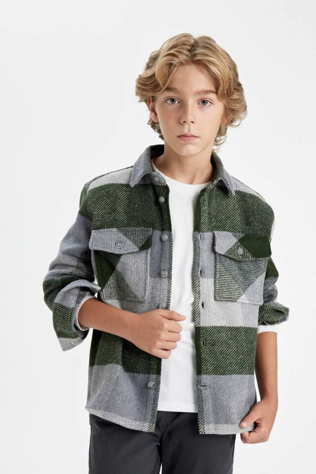 Erkek Çocuk Oversize Geniş Kalıp Kareli Polo Yaka Flanel Uzun Kollu Gömlek