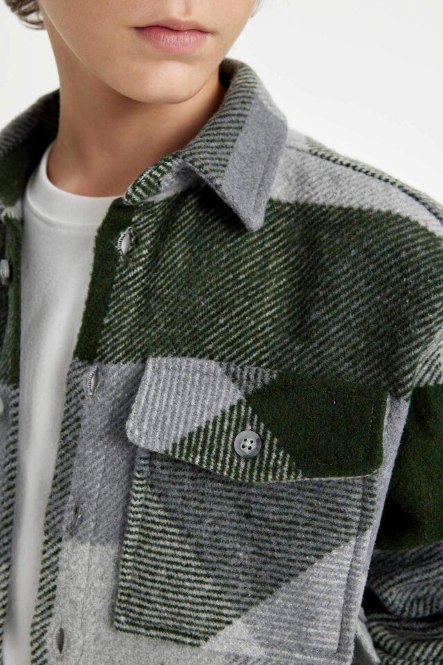 Erkek Çocuk Oversize Geniş Kalıp Kareli Polo Yaka Flanel Uzun Kollu Gömlek
