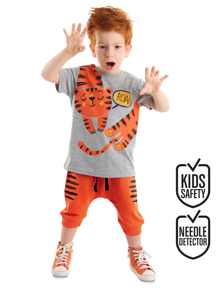 Roar Kaplan Erkek Çocuk T-shirt Kapri Şort Takım 2 Y - Gri, Turuncu