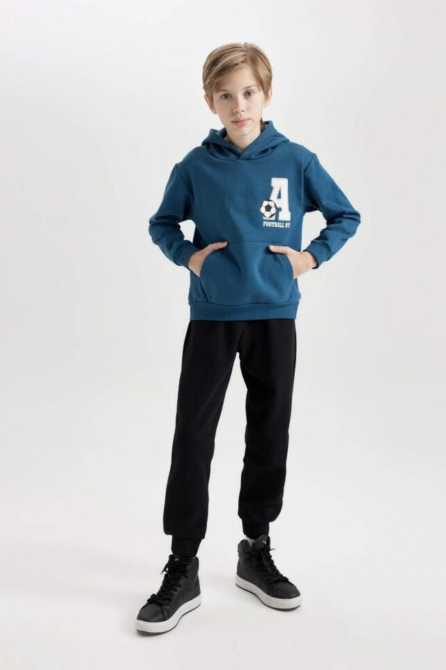 Erkek Çocuk 2'li Takım Baskılı Kapüşonlu Kanguru Cepli Sweatshirt Jogger Eşofman Altı
