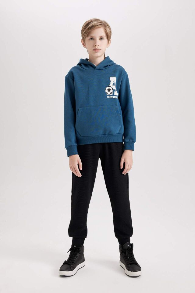 Erkek Çocuk 2'li Takım Baskılı Kapüşonlu Kanguru Cepli Sweatshirt Jogger Eşofman Altı
