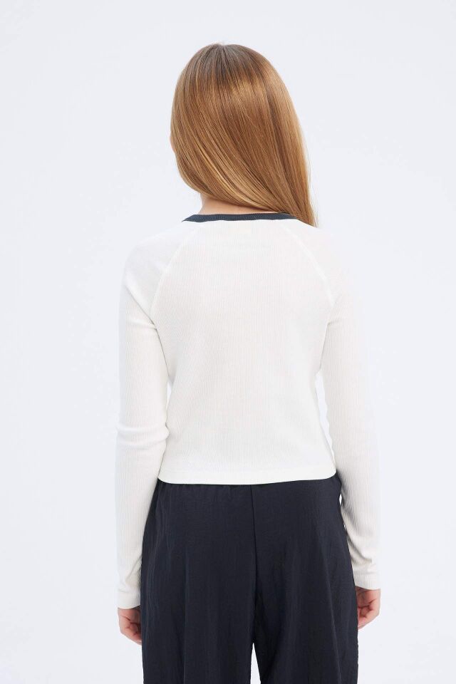 Kız Çocuk Slim Fit Dar Kesim Bisiklet Yaka Baskılı Uzun Kollu Tişört