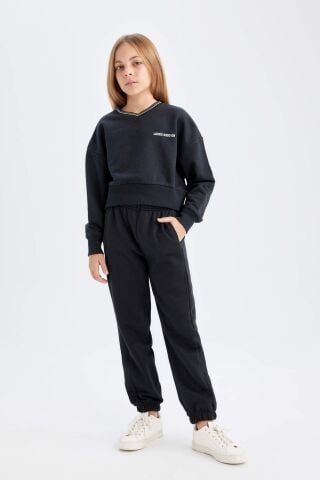 Kız Çocuk 2'li Takım Baskılı Bisiklet Yaka Sweatshirt Beli Lastikli Jogger Eşofman Altı
